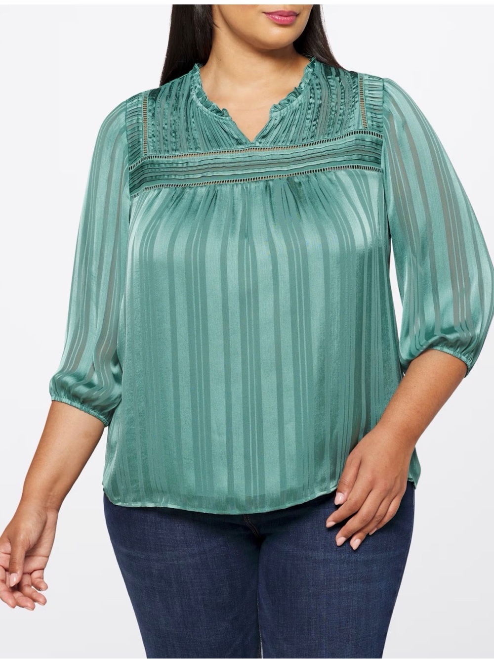 Daniel Rainn Teal Striped Lace-Yoke Peasant Blouse